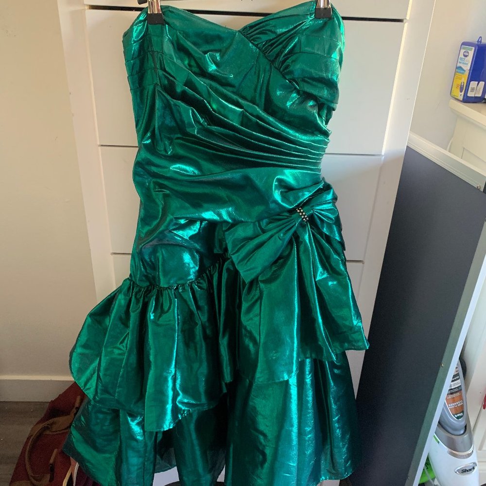Vintage 1980s Metallic Green Teal Prom Dress